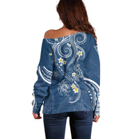 Polynesia Tribal Off Shoulder Sweater Deep Blue Plumeria Tentacles