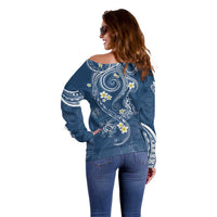 Polynesia Tribal Off Shoulder Sweater Deep Blue Plumeria Tentacles