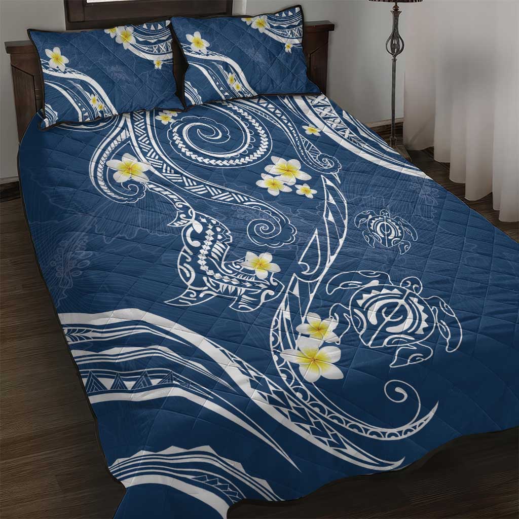 Polynesia Tribal Quilt Bed Set Deep Blue Plumeria Tentacles