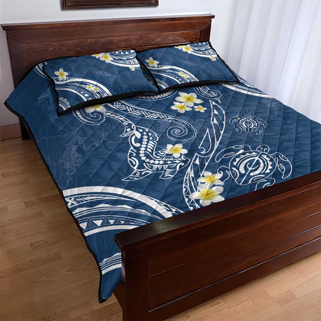 Polynesia Tribal Quilt Bed Set Deep Blue Plumeria Tentacles