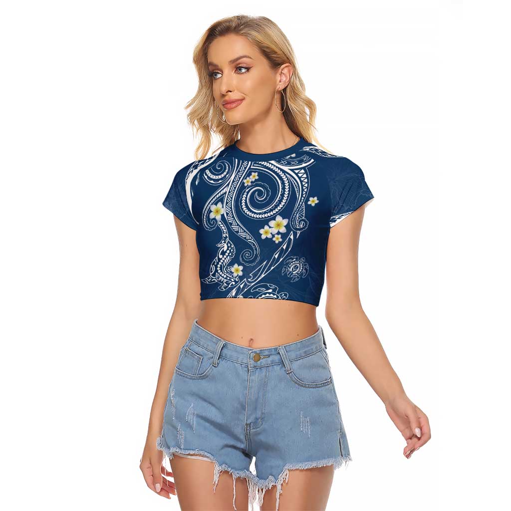 Polynesia Tribal Raglan Cropped T Shirt Deep Blue Plumeria Tentacles
