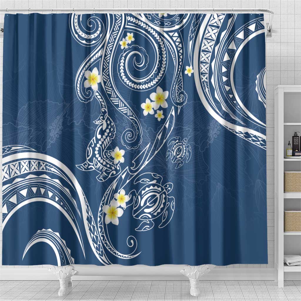 Polynesia Tribal Shower Curtain Deep Blue Plumeria Tentacles