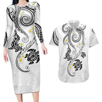Polynesia Tribal Couples Matching Long Sleeve Bodycon Dress and Hawaiian Shirt White Plumeria Tentacles LT7 White - Polynesian Pride