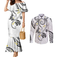 Polynesia Tribal Couples Matching Mermaid Dress and Long Sleeve Button Shirt White Plumeria Tentacles