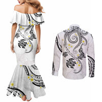 Polynesia Tribal Couples Matching Mermaid Dress and Long Sleeve Button Shirt White Plumeria Tentacles