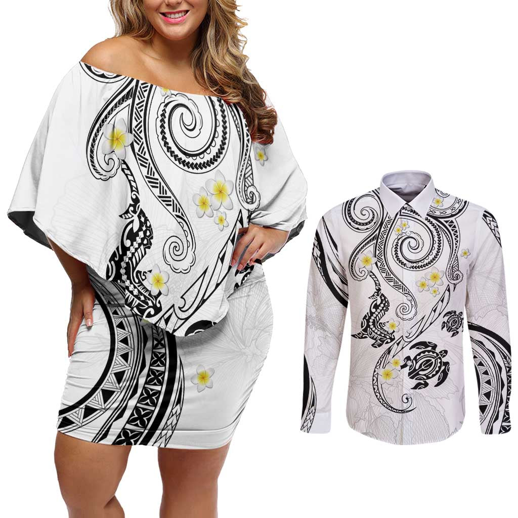 Polynesia Tribal Couples Matching Off Shoulder Short Dress and Long Sleeve Button Shirt White Plumeria Tentacles
