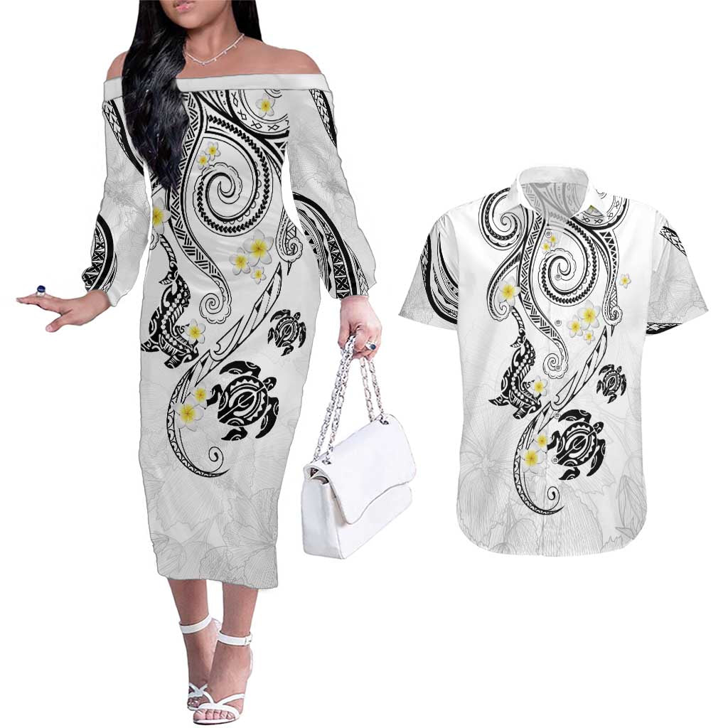 Polynesia Tribal Couples Matching Off The Shoulder Long Sleeve Dress and Hawaiian Shirt White Plumeria Tentacles
