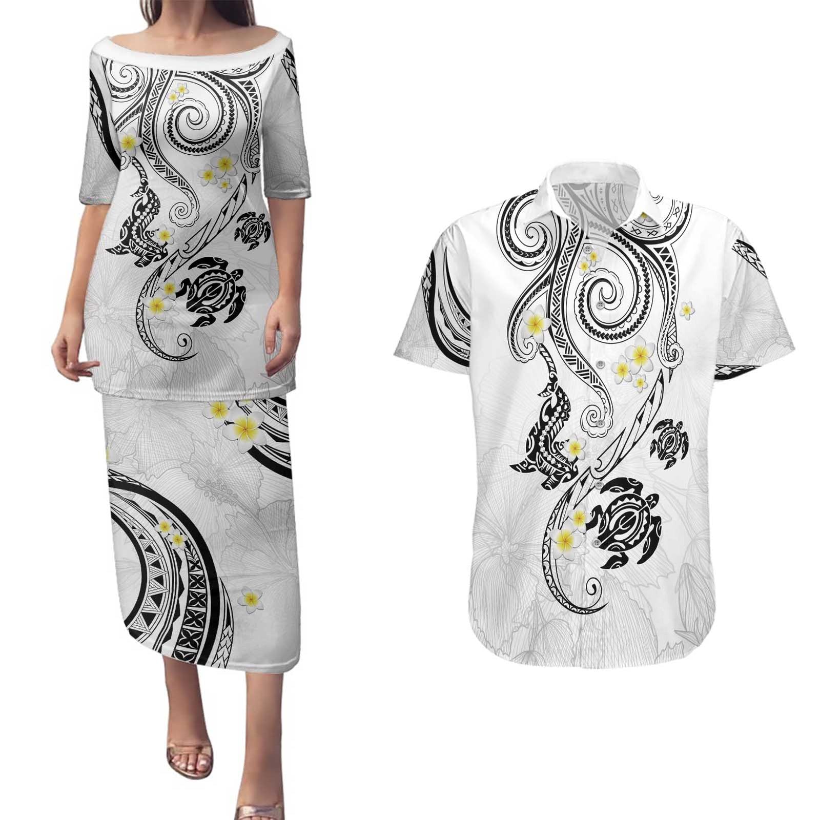 Polynesia Tribal Couples Matching Puletasi and Hawaiian Shirt White Plumeria Tentacles LT7 White - Polynesian Pride