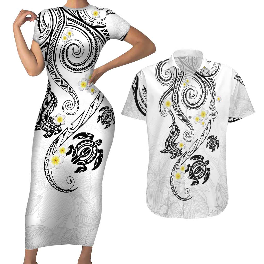 Polynesia Tribal Couples Matching Short Sleeve Bodycon Dress and Hawaiian Shirt White Plumeria Tentacles LT7 White - Polynesian Pride