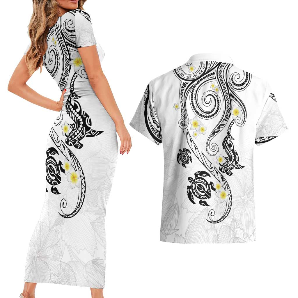 Polynesia Tribal Couples Matching Short Sleeve Bodycon Dress and Hawaiian Shirt White Plumeria Tentacles LT7 - Polynesian Pride