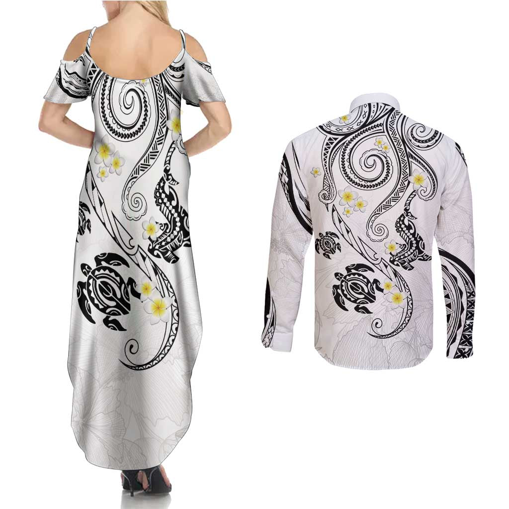 Polynesia Tribal Couples Matching Summer Maxi Dress and Long Sleeve Button Shirt White Plumeria Tentacles