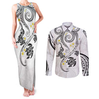 Polynesia Tribal Couples Matching Tank Maxi Dress and Long Sleeve Button Shirt White Plumeria Tentacles