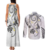 Polynesia Tribal Couples Matching Tank Maxi Dress and Long Sleeve Button Shirt White Plumeria Tentacles
