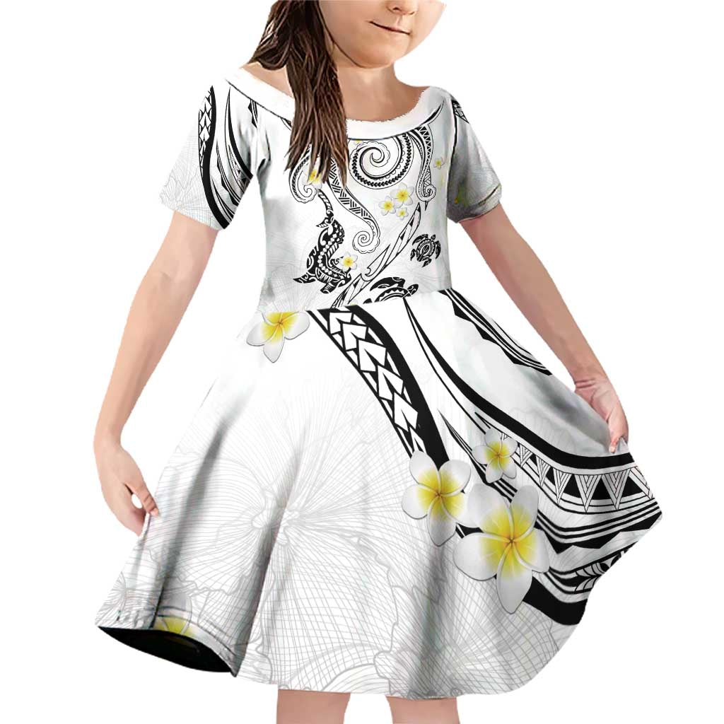 Polynesia Tribal Family Matching Off Shoulder Short Dress and Hawaiian Shirt White Plumeria Tentacles LT7 Daughter's Dress White - Polynesian Pride
