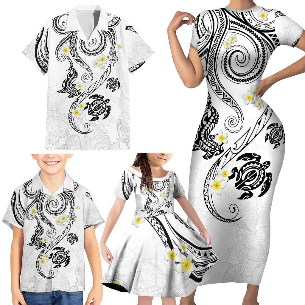 Polynesia Tribal Family Matching Short Sleeve Bodycon Dress and Hawaiian Shirt White Plumeria Tentacles LT7 - Polynesian Pride