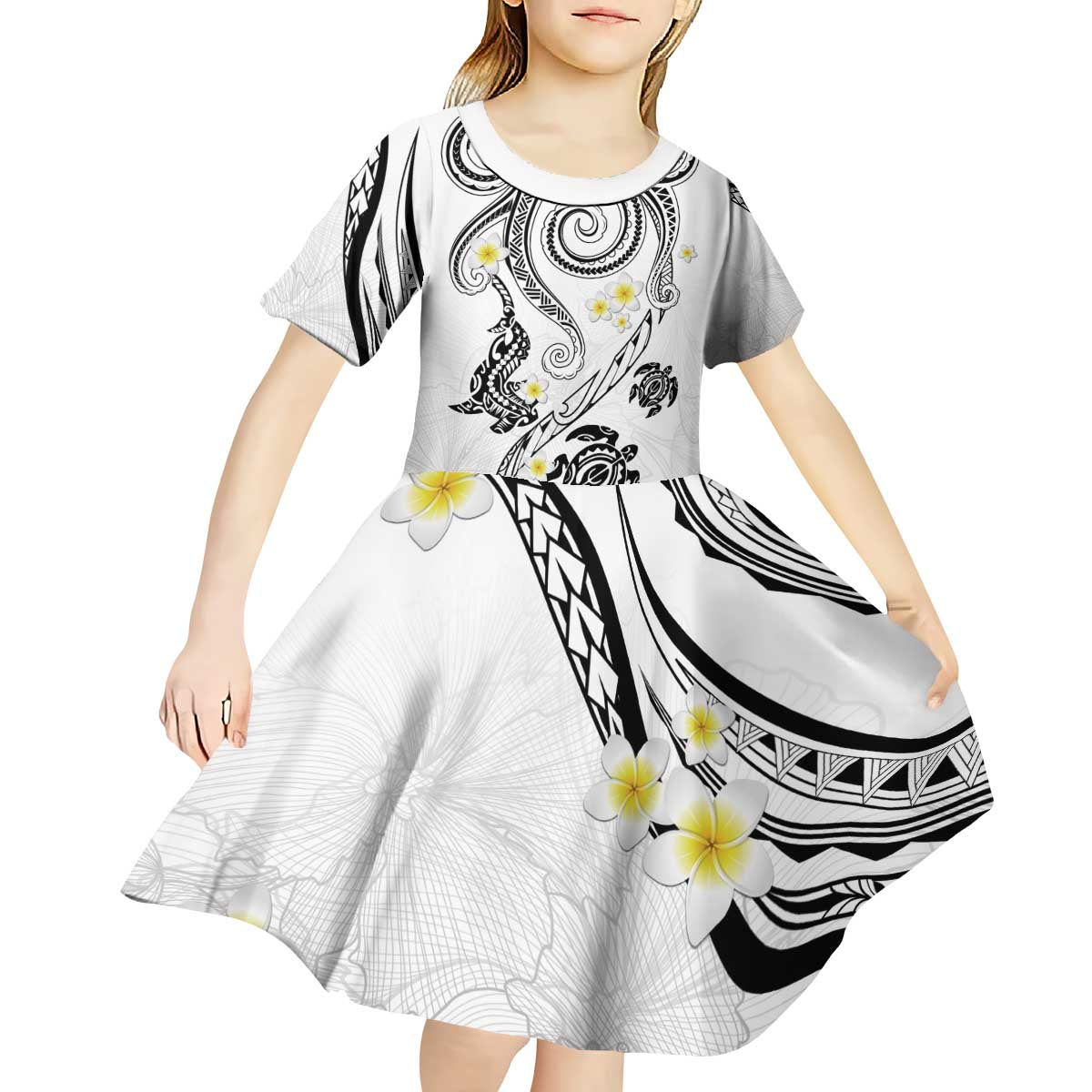 Polynesia Tribal Kid Short Sleeve Dress White Plumeria Tentacles