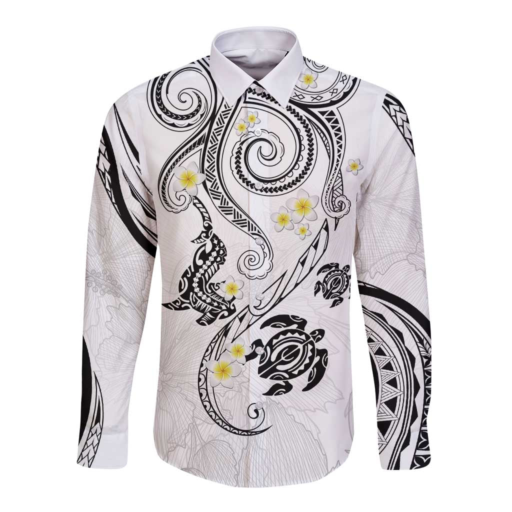 Polynesia Tribal Long Sleeve Button Shirt White Plumeria Tentacles