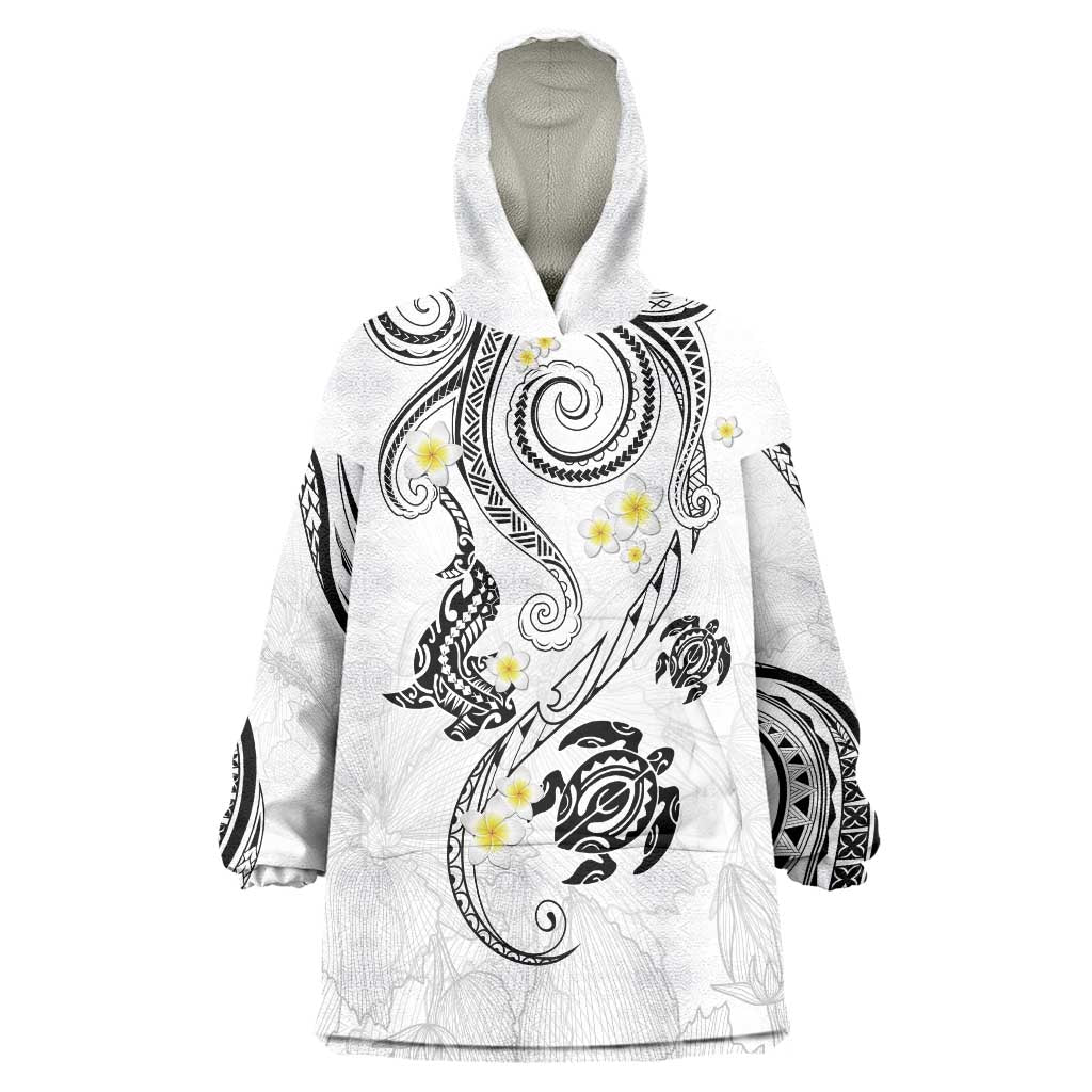 Polynesia Tribal Wearable Blanket Hoodie White Plumeria Tentacles