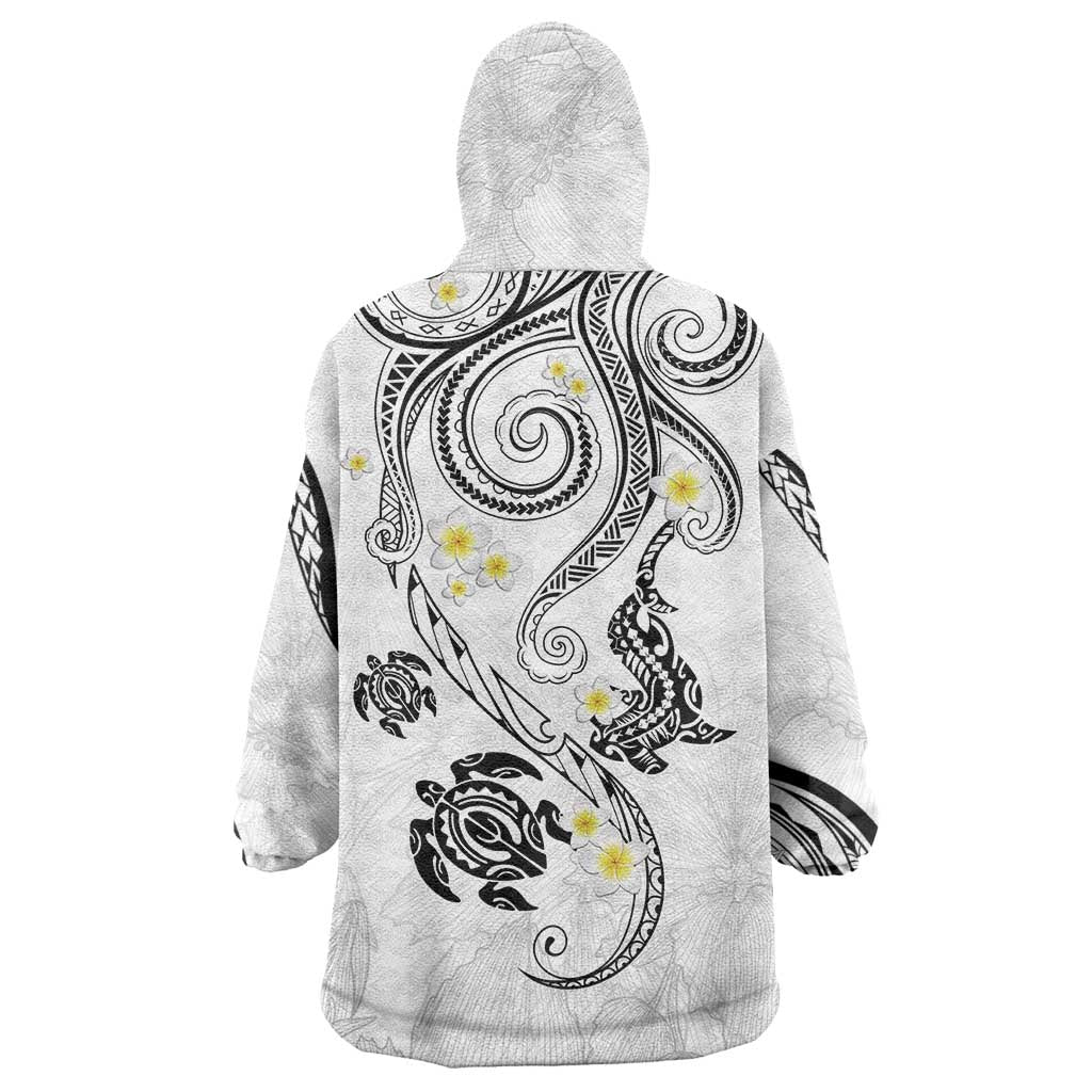 Polynesia Tribal Wearable Blanket Hoodie White Plumeria Tentacles