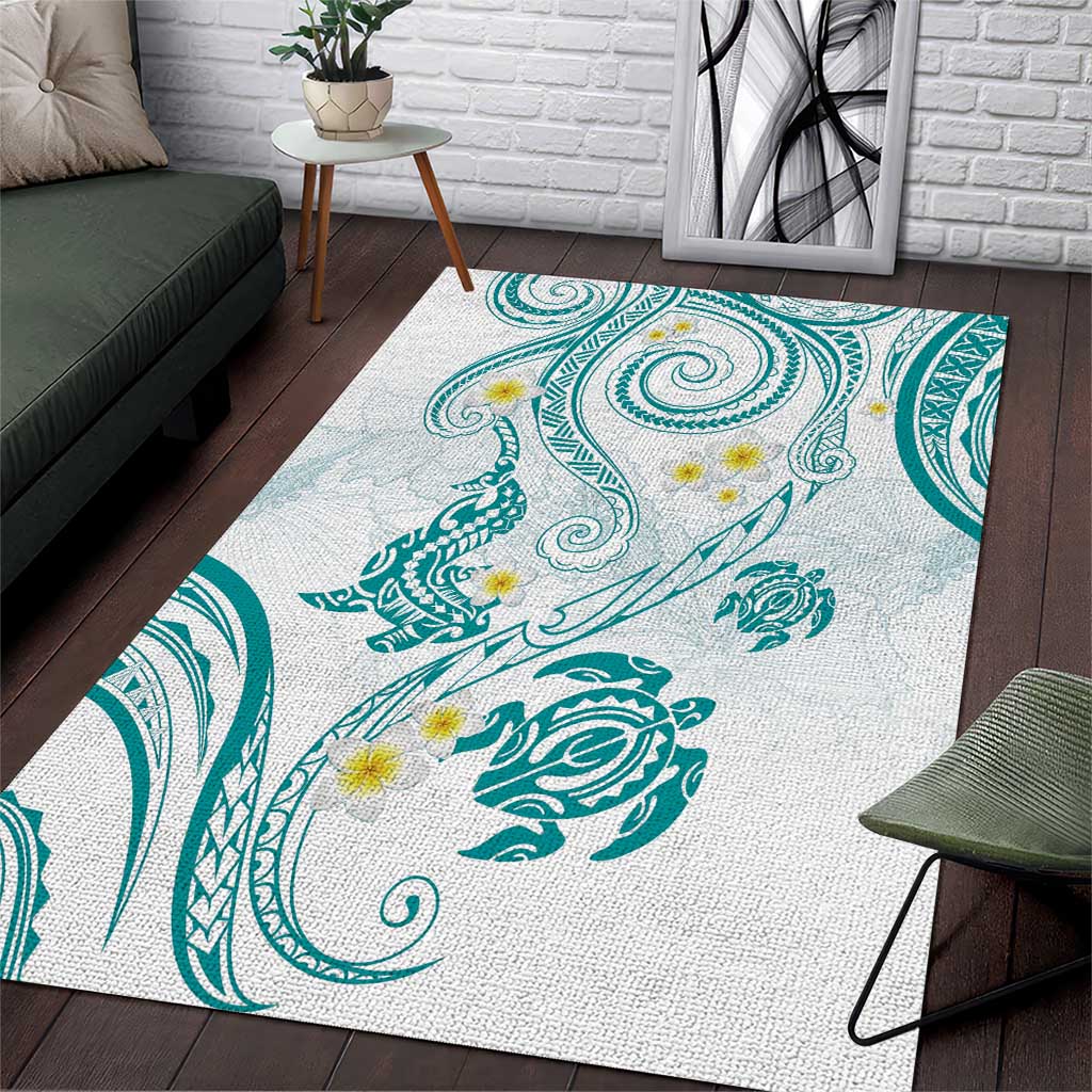 Polynesia Tribal Area Rug Teal Plumeria Tentacles
