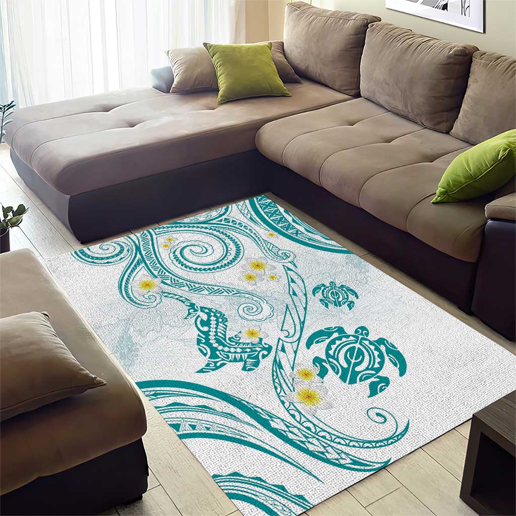 Polynesia Tribal Area Rug Teal Plumeria Tentacles