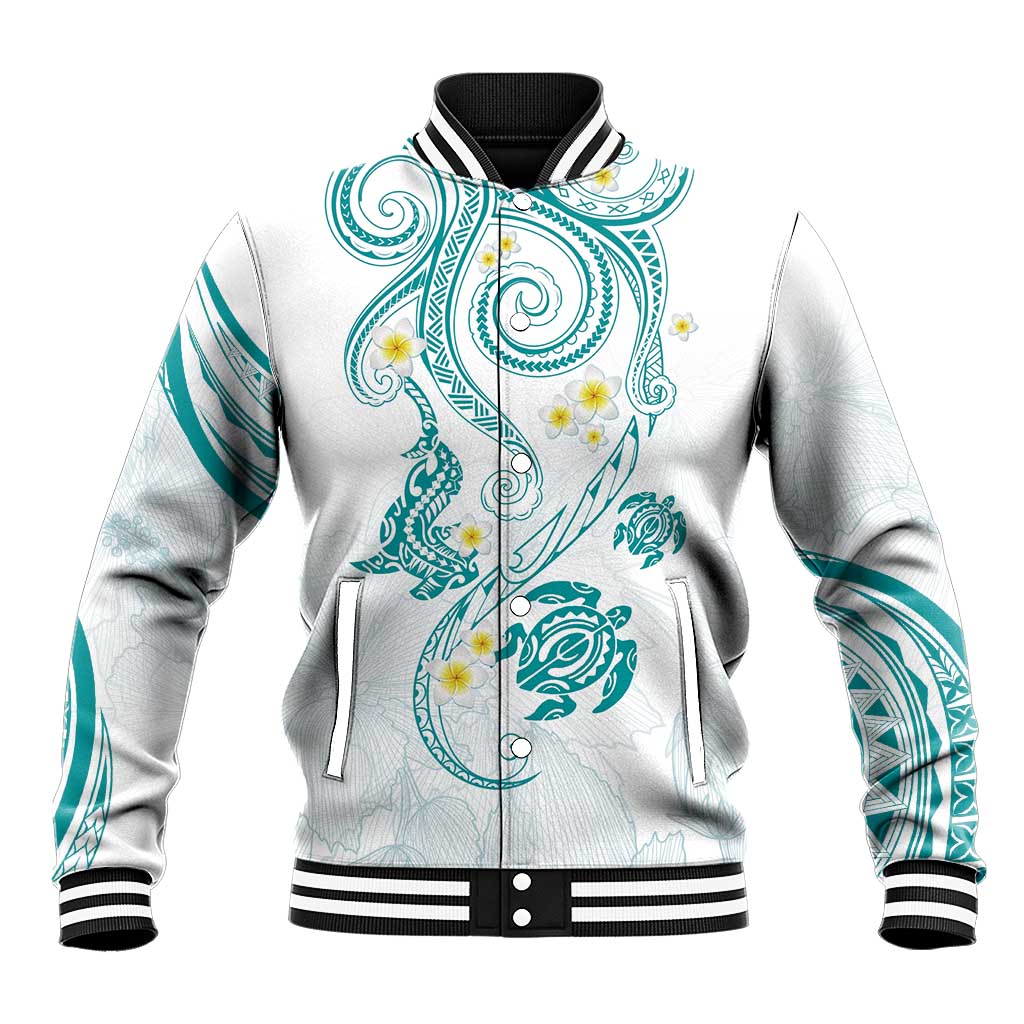 Polynesia Tribal Baseball Jacket Teal Plumeria Tentacles