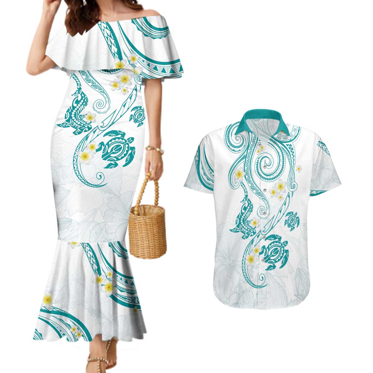 Polynesia Tribal Couples Matching Mermaid Dress and Hawaiian Shirt Teal Plumeria Tentacles LT7 Teal - Polynesian Pride