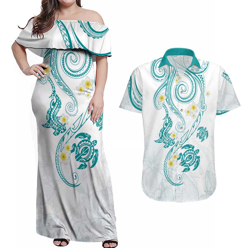 Polynesia Tribal Couples Matching Off Shoulder Maxi Dress and Hawaiian Shirt Teal Plumeria Tentacles LT7 Teal - Polynesian Pride