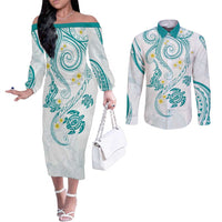 Polynesia Tribal Couples Matching Off The Shoulder Long Sleeve Dress and Long Sleeve Button Shirt Teal Plumeria Tentacles LT7 Teal - Polynesian Pride