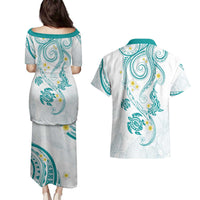 Polynesia Tribal Couples Matching Puletasi and Hawaiian Shirt Teal Plumeria Tentacles