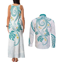 Polynesia Tribal Couples Matching Tank Maxi Dress and Long Sleeve Button Shirt Teal Plumeria Tentacles