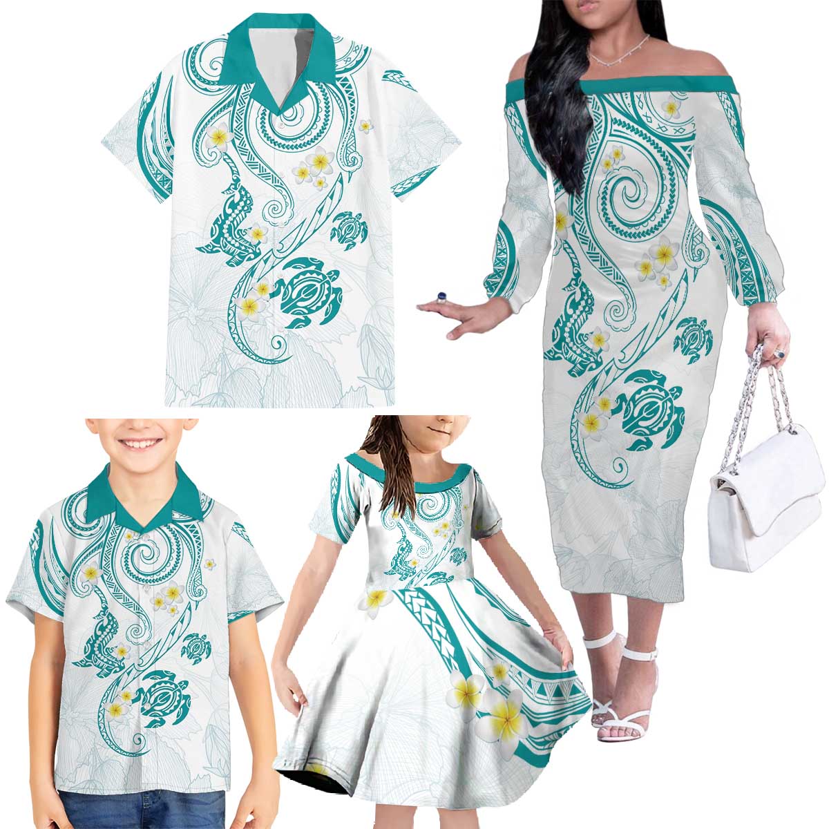 Polynesia Tribal Family Matching Off The Shoulder Long Sleeve Dress and Hawaiian Shirt Teal Plumeria Tentacles