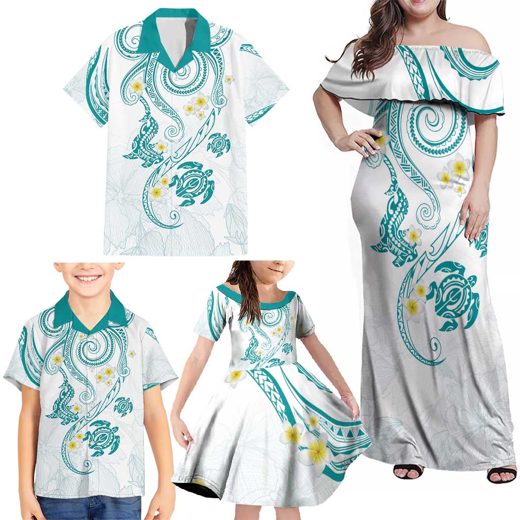 Polynesia Tribal Family Matching Off Shoulder Maxi Dress and Hawaiian Shirt Teal Plumeria Tentacles LT7 - Polynesian Pride