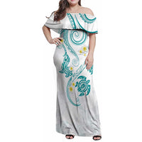 Polynesia Tribal Family Matching Off Shoulder Maxi Dress and Hawaiian Shirt Teal Plumeria Tentacles LT7 Mom's Dress Teal - Polynesian Pride