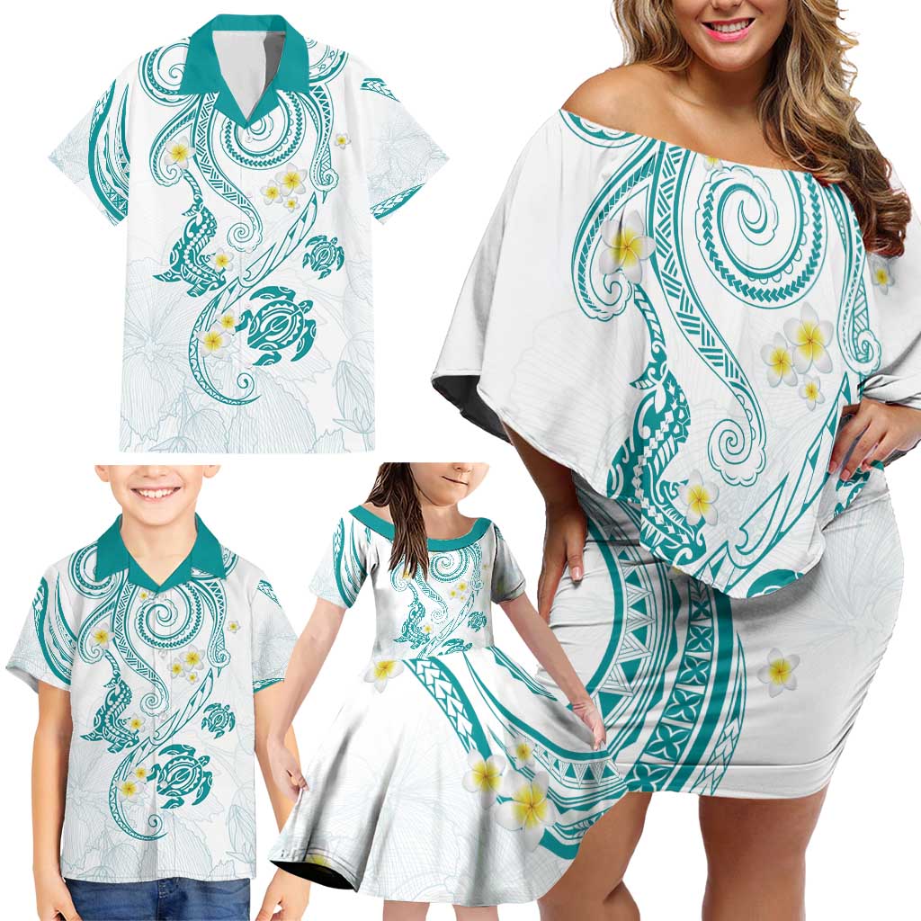 Polynesia Tribal Family Matching Off Shoulder Short Dress and Hawaiian Shirt Teal Plumeria Tentacles LT7 - Polynesian Pride