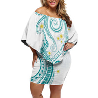 Polynesia Tribal Family Matching Off Shoulder Short Dress and Hawaiian Shirt Teal Plumeria Tentacles LT7 Mom's Dress Teal - Polynesian Pride