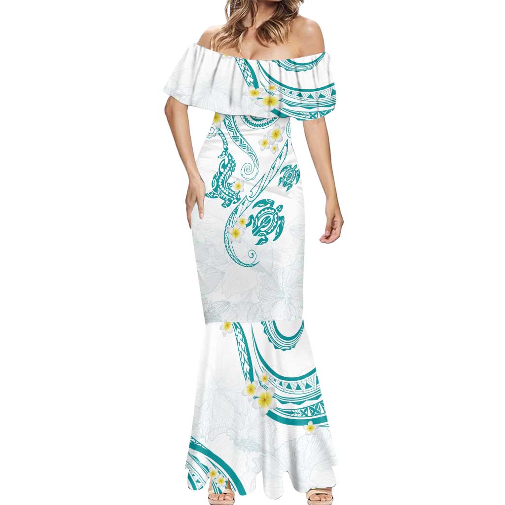 Polynesia Tribal Mermaid Dress Teal Plumeria Tentacles