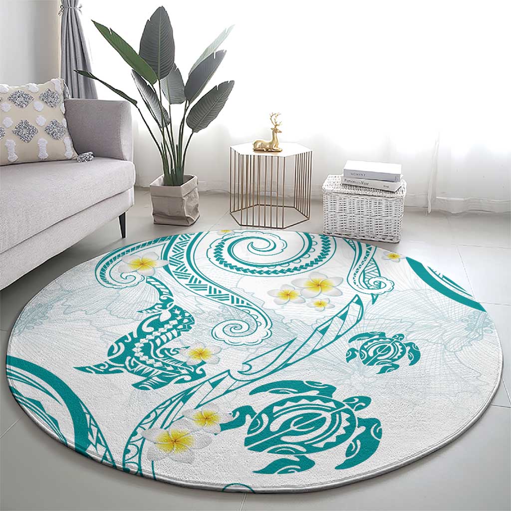 Polynesia Tribal Round Carpet Teal Plumeria Tentacles