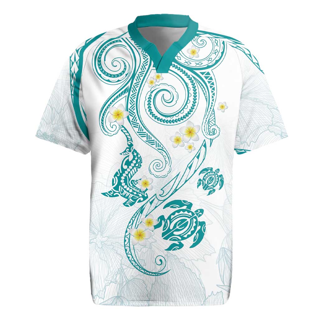 Polynesia Tribal Rugby Jersey Teal Plumeria Tentacles