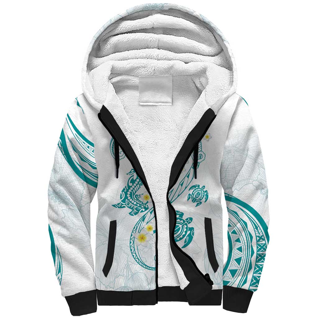 Polynesia Tribal Sherpa Hoodie Teal Plumeria Tentacles