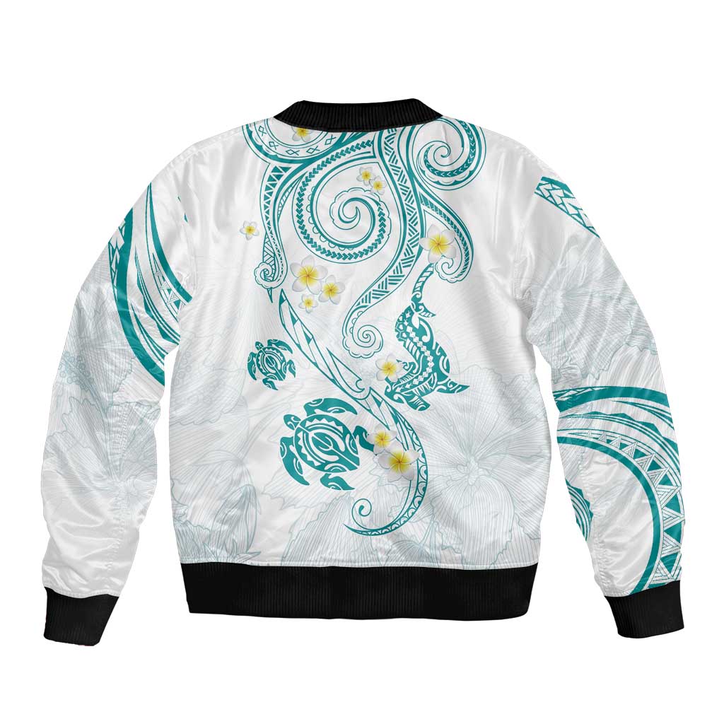 Polynesia Tribal Sleeve Zip Bomber Jacket Teal Plumeria Tentacles