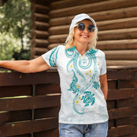 Polynesia Tribal Women Polo Shirt Teal Plumeria Tentacles