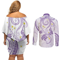 Polynesia Tribal Couples Matching Off Shoulder Short Dress and Long Sleeve Button Shirt Lilac Plumeria Tentacles