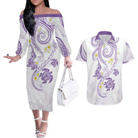 Polynesia Tribal Couples Matching Off The Shoulder Long Sleeve Dress and Hawaiian Shirt Lilac Plumeria Tentacles