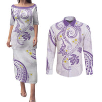 Polynesia Tribal Couples Matching Puletasi and Long Sleeve Button Shirt Lilac Plumeria Tentacles LT7 Lilac - Polynesian Pride
