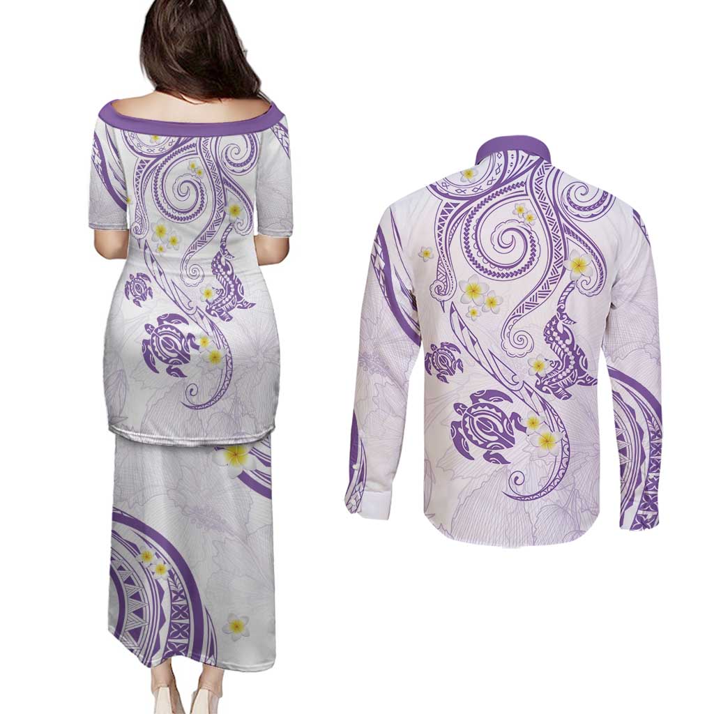 Polynesia Tribal Couples Matching Puletasi and Long Sleeve Button Shirt Lilac Plumeria Tentacles LT7 - Polynesian Pride