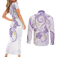 Polynesia Tribal Couples Matching Short Sleeve Bodycon Dress and Long Sleeve Button Shirt Lilac Plumeria Tentacles LT7 - Polynesian Pride
