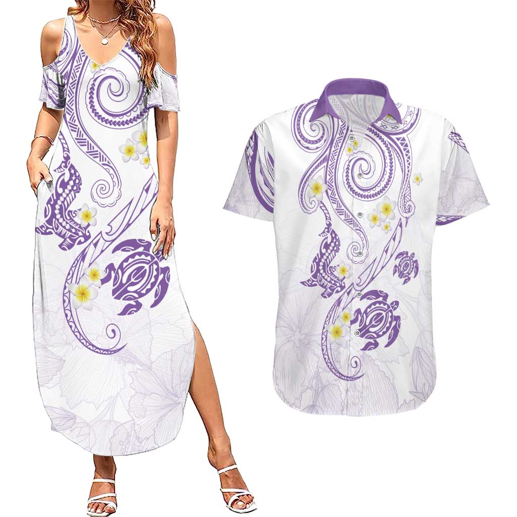 Polynesia Tribal Couples Matching Summer Maxi Dress and Hawaiian Shirt Lilac Plumeria Tentacles LT7 Lilac - Polynesian Pride