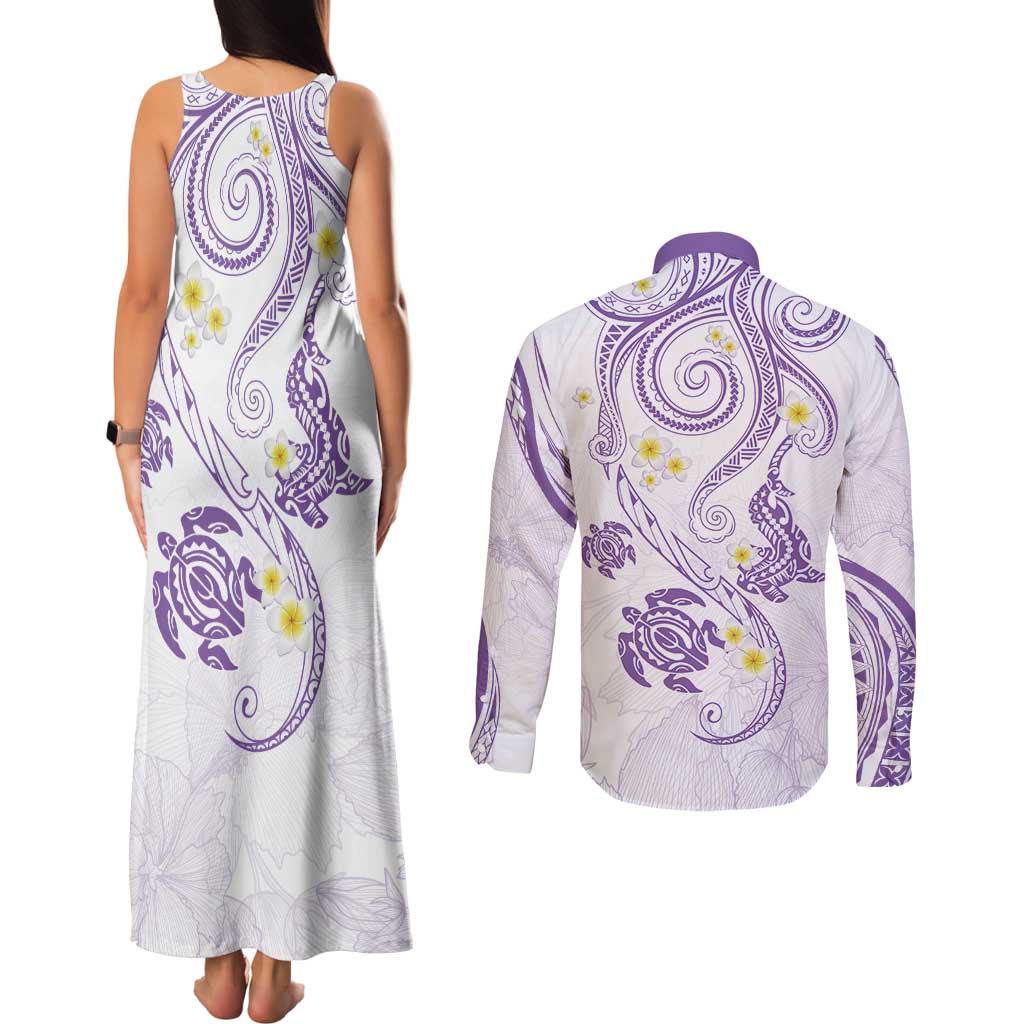 Polynesia Tribal Couples Matching Tank Maxi Dress and Long Sleeve Button Shirt Lilac Plumeria Tentacles