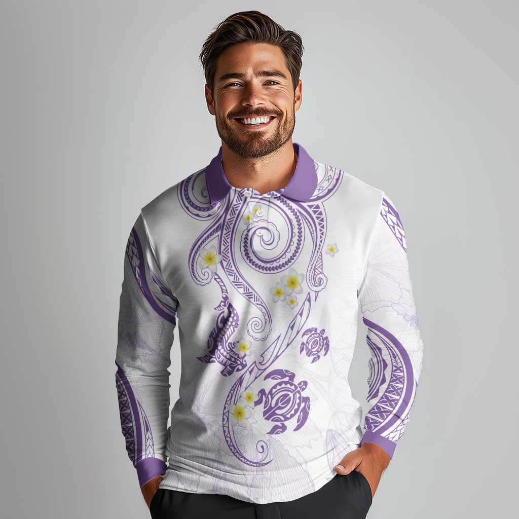 Polynesia Tribal Long Sleeve Polo Shirt Lilac Plumeria Tentacles